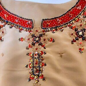 Vintage woman's three piece dress, pants and shawl from India. Classy Holidays